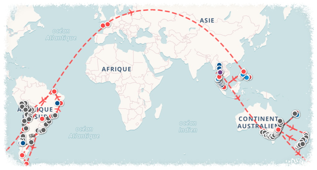 Carte de notre tour du monde avant le départ