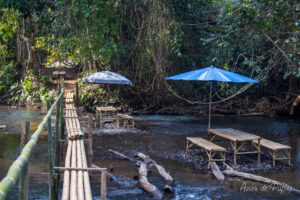 Tables, chaises et passage dans le restaurant