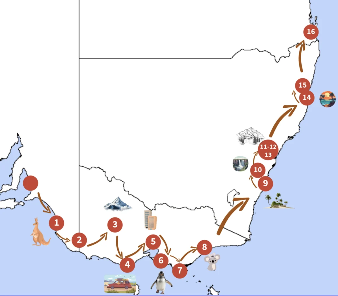 Carte road-trip Australie 3 semaines sud est